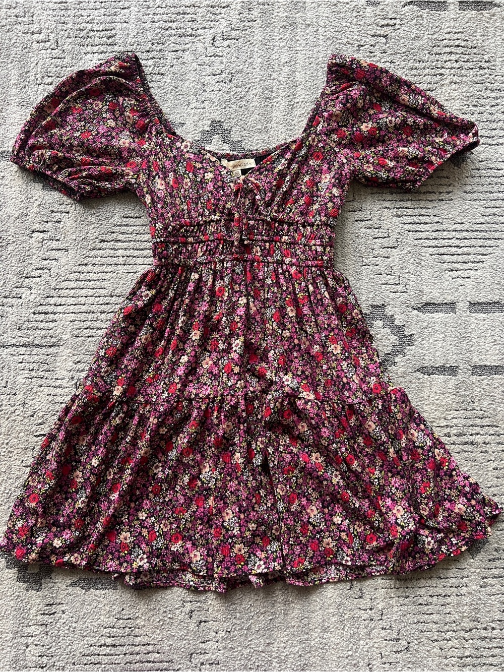 Berry Floral Puff-Sleeve Mini Dress Sweetheart Neckline